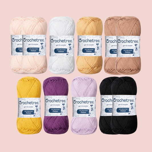 Alice Yarn Set - Crochetree 100% mercerized cotton skeins in peach, white, gold, caramel, mustard, purple, lilac, and black