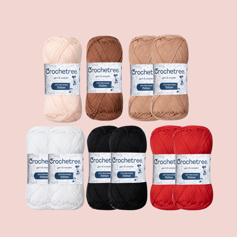Charlotte Yarn Set - Crochetree 100% mercerized cotton skeins in peach, brown, tan, white, black, and red