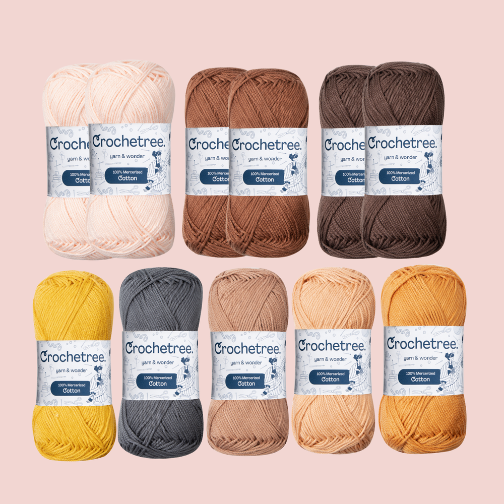 Hazel Original Yarn Set - 100% mercerized cotton skeins in peach, brown, mustard, gray, and tan by Crochetree