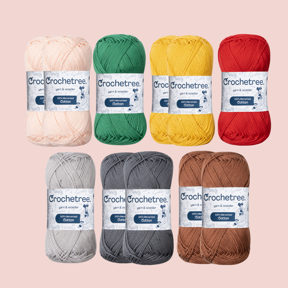 Hazel Red Yarn Set - 100% mercerized cotton skeins in cream, green, yellow, red, gray, and brown by Crochetree