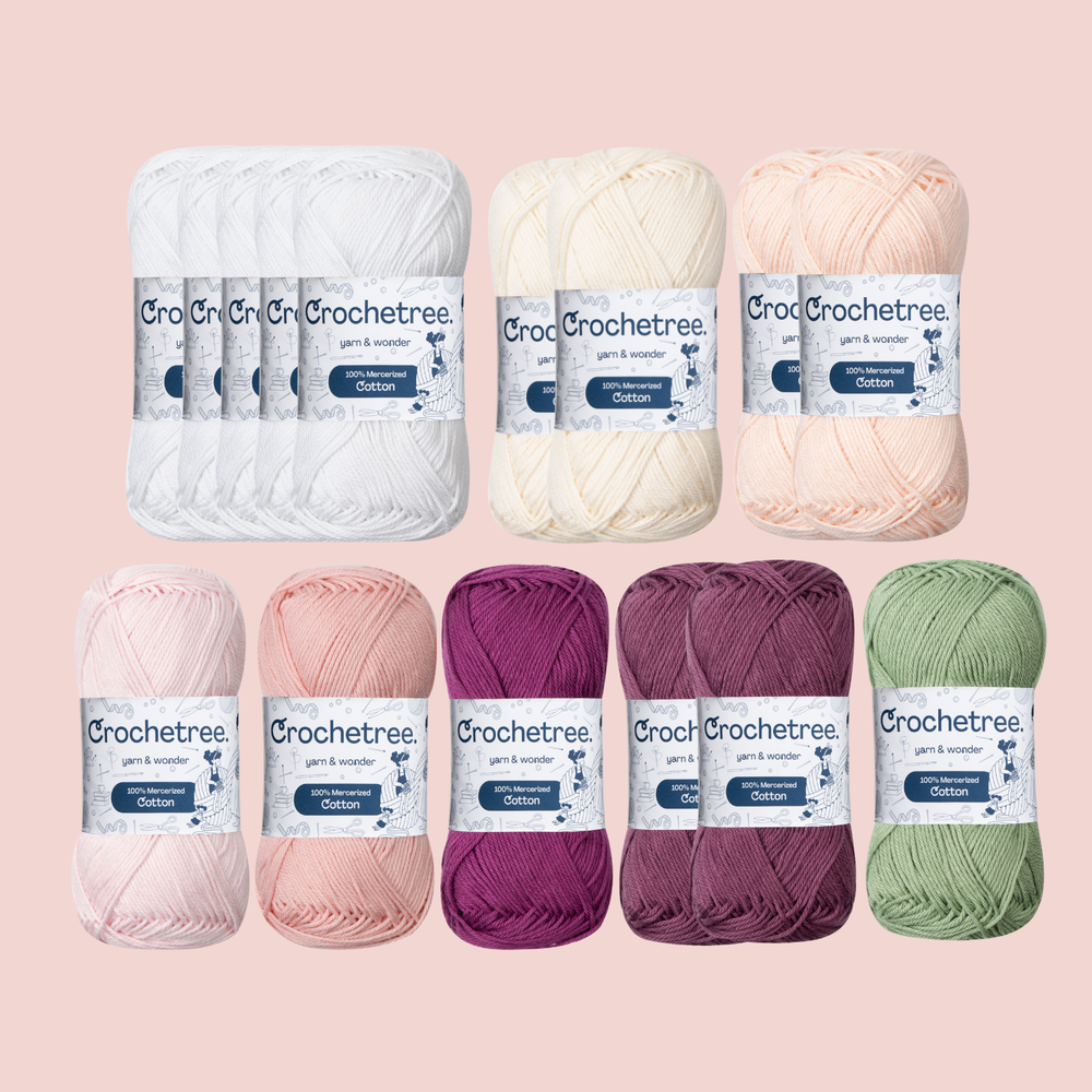 Lila yarn set skeins in white, cream, peach, pink, purple, and green - 100% mercerized cotton by Crochetree