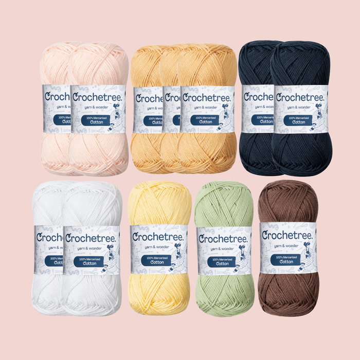 Louise Yarn Set - Crochetree 100% mercerized cotton skeins in peach, caramel, navy, white, yellow, green, and brown