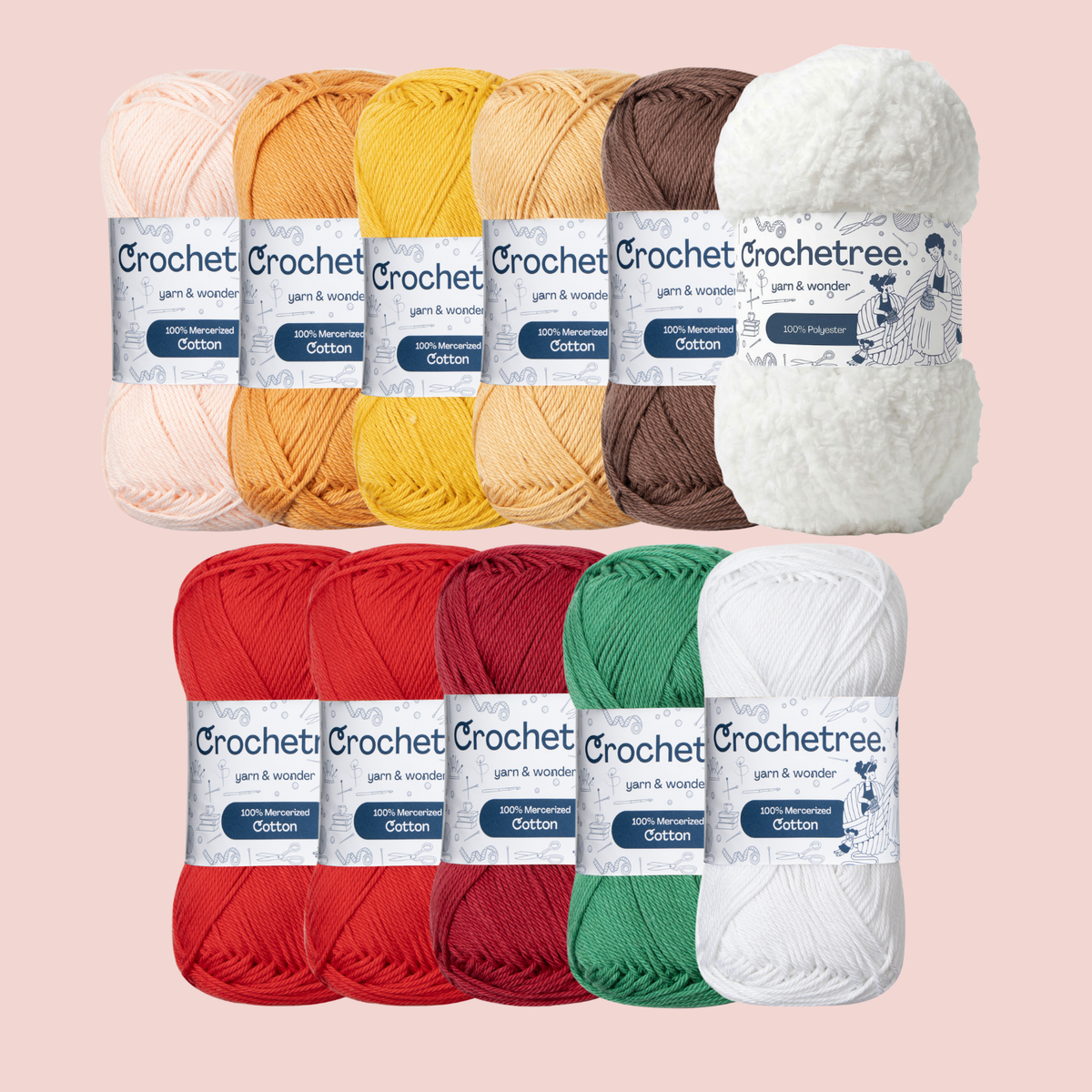 Nathalie Christmas crochet yarn set, 11 skeins of Crochetree yarn including fluffy Snowball trim