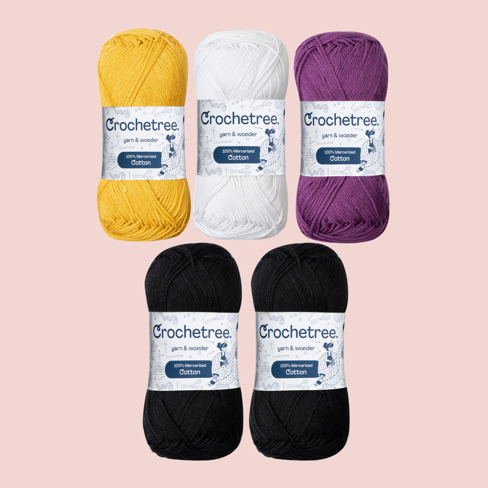 Night the Cat Yarn Set - Crochetree 100% mercerized cotton skeins in gold, white, purple, and black