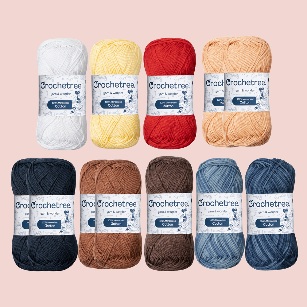 Valentina Yarn Set - 100% mercerized cotton skeins in white, yellow, red, peach, navy, brown, and blue