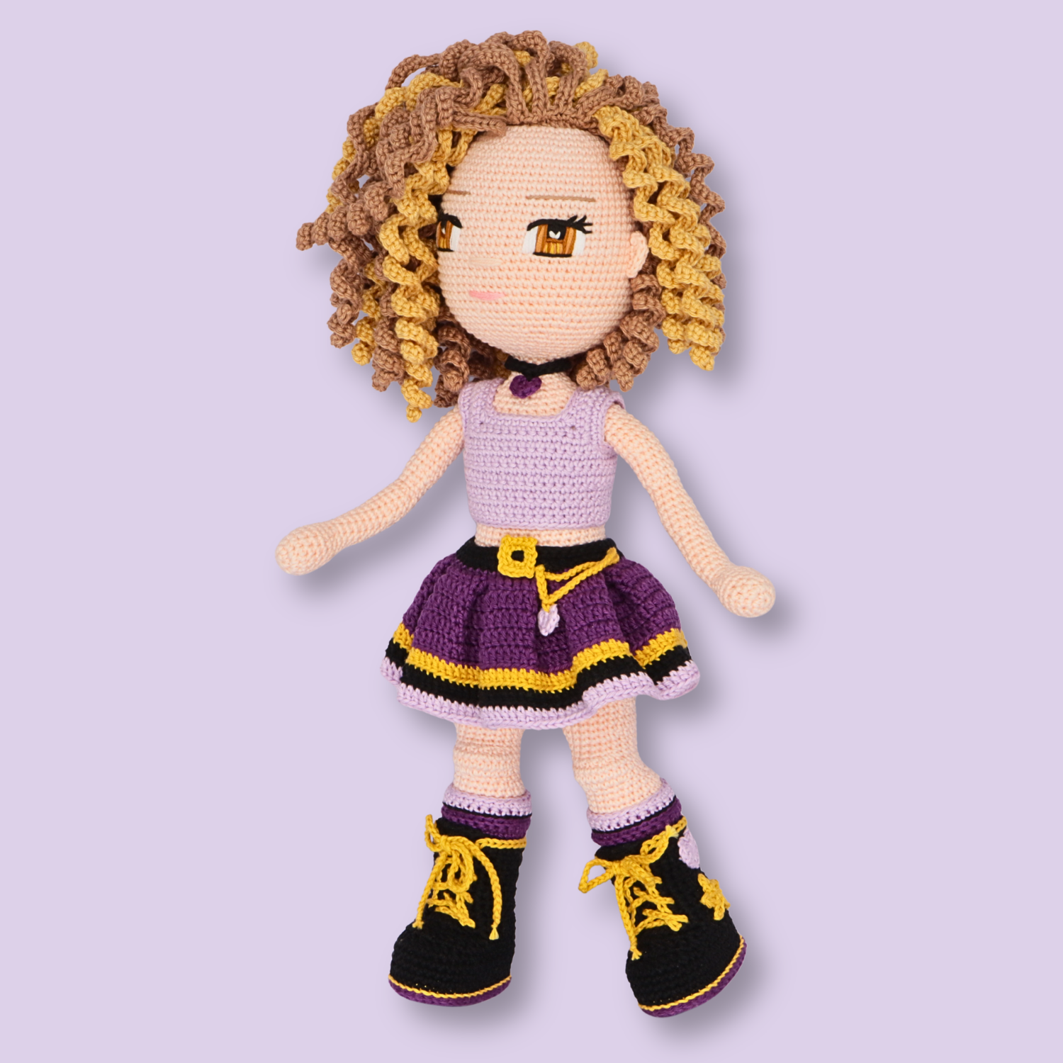 Alice crochet doll in lilac top, purple skirt, and black boots - amigurumi doll pattern PDF
