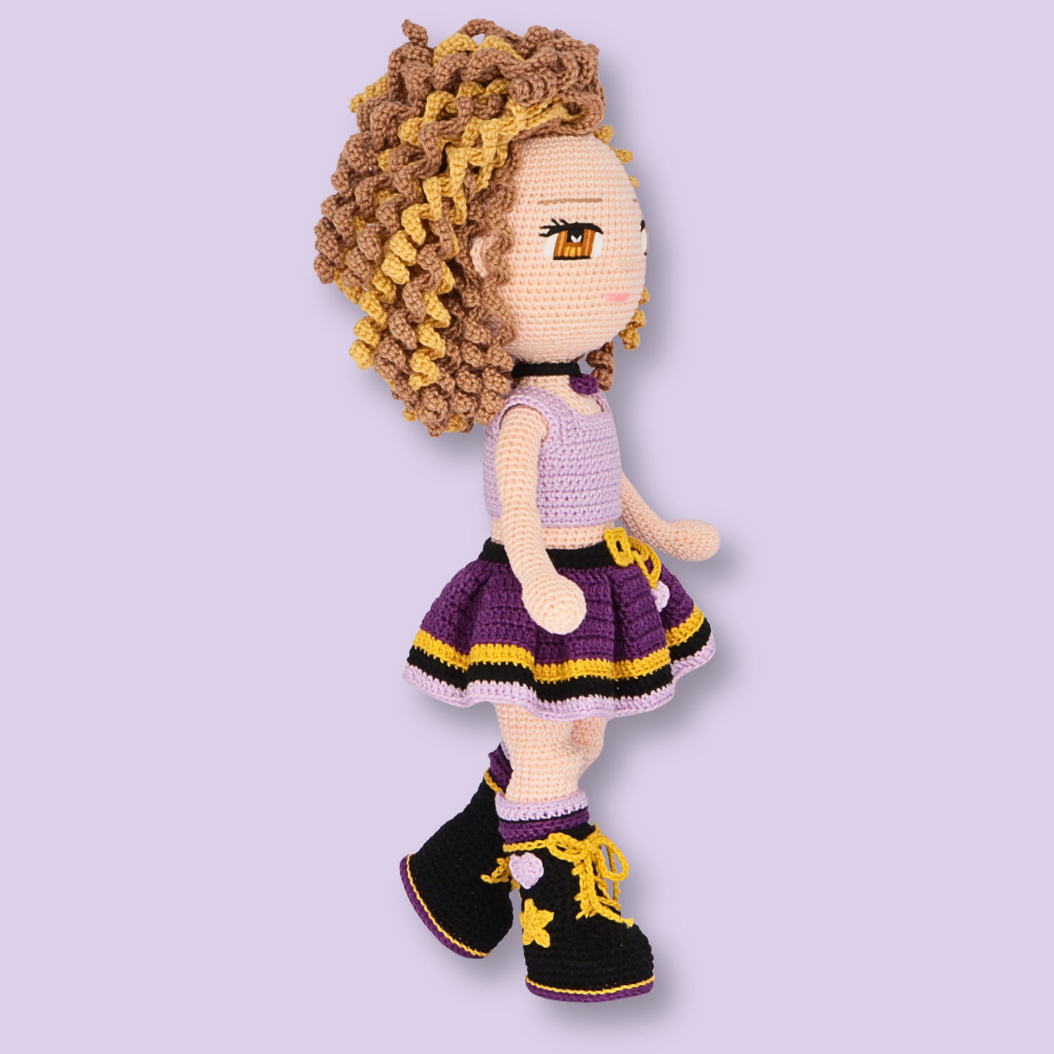 Side view of Alice crochet doll in lilac tank top and purple skirt without jacket - amigurumi doll pattern