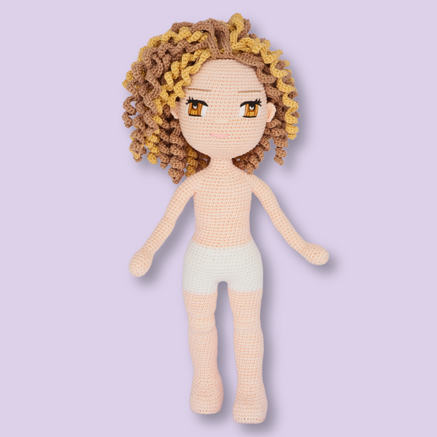Alice base crochet doll with curly hair before dressing - customizable amigurumi doll pattern
