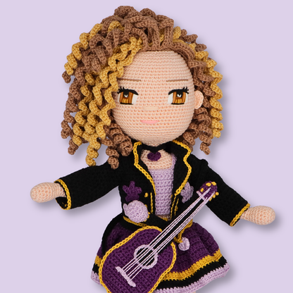 Alice amigurumi doll close-up showing the crochet guitar and flower jacket details - doll pattern PDF