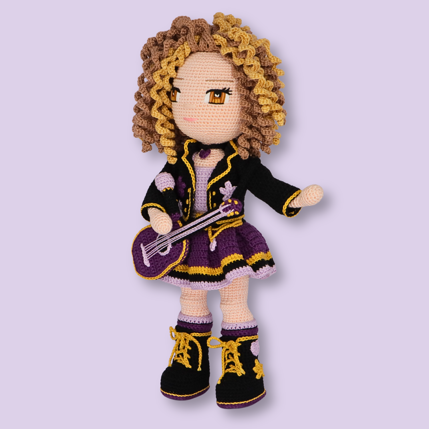 Alice crochet doll pattern - amigurumi singer doll in purple, lilac, and gold outfit with guitar