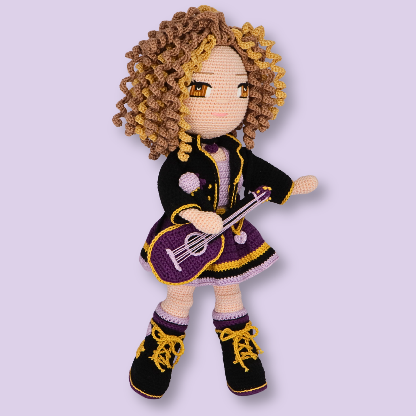 Alice amigurumi doll standing with purple guitar - crochet doll pattern with step-by-step photos