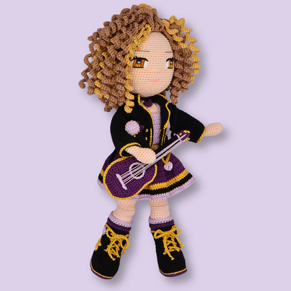 Alice amigurumi doll standing with purple guitar - crochet doll pattern with step-by-step photos