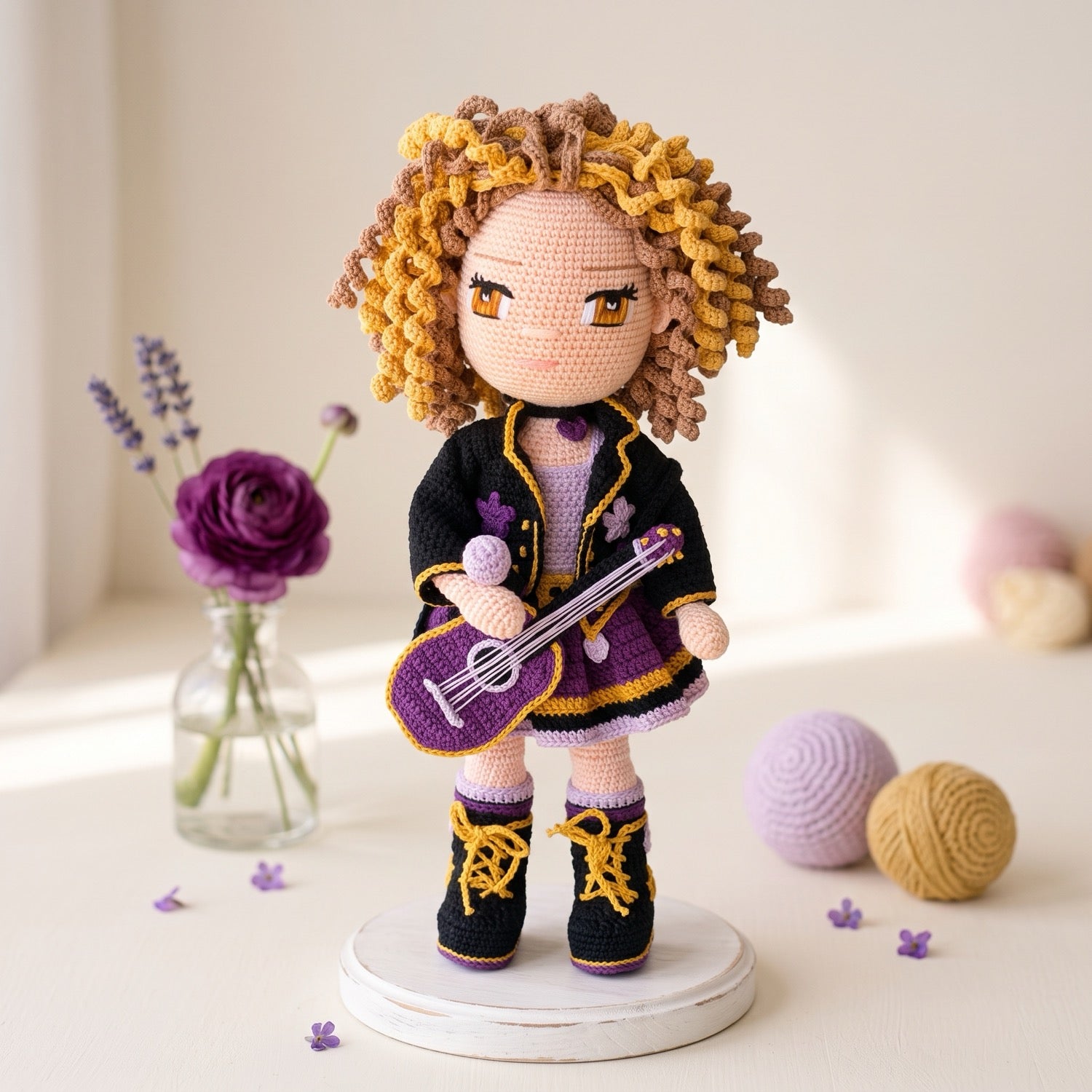 Alice amigurumi doll crocheted with the Alice Yarn Set - purple and gold cotton yarn kit by Crochetree