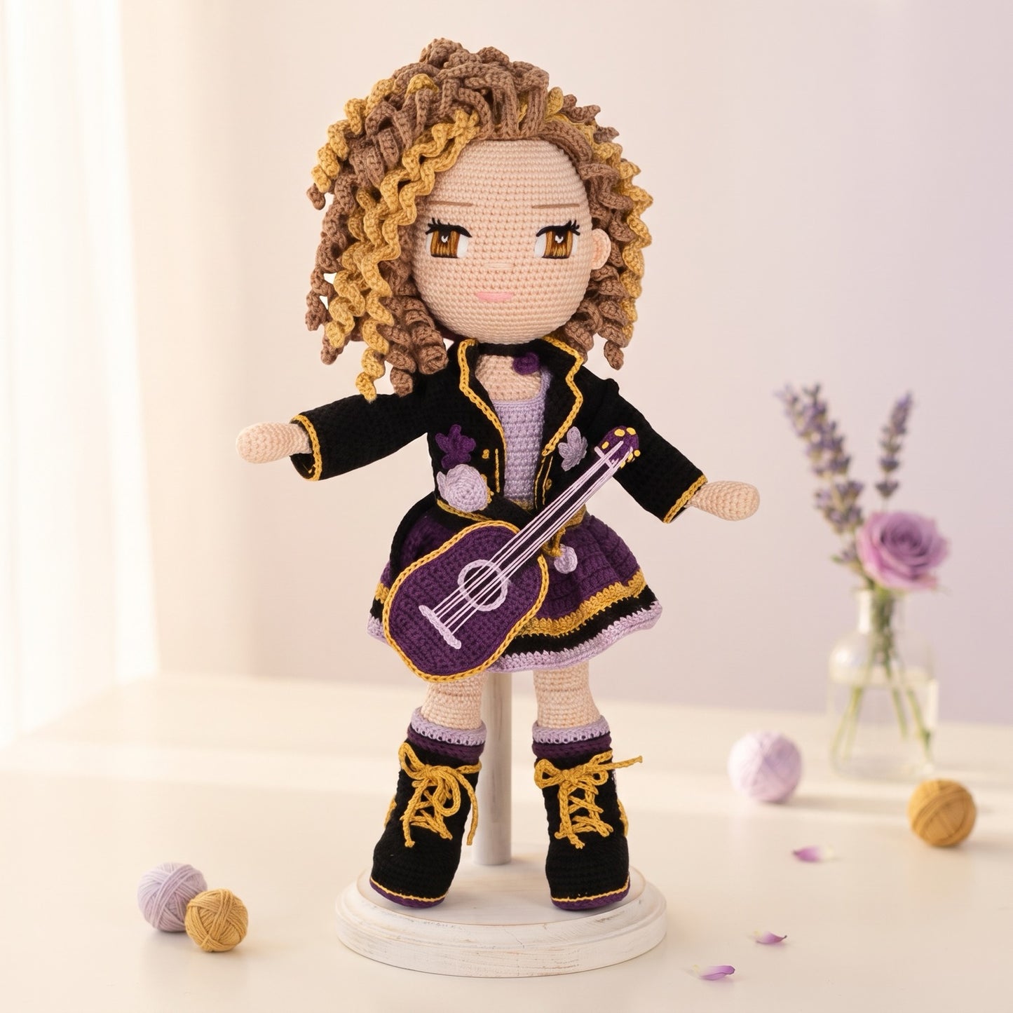 Alice crochet doll pattern PDF cover - amigurumi singer doll with curly hair and purple guitar by Crochetree