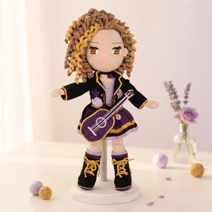 Alice crochet doll pattern PDF cover - amigurumi singer doll with curly hair and purple guitar by Crochetree