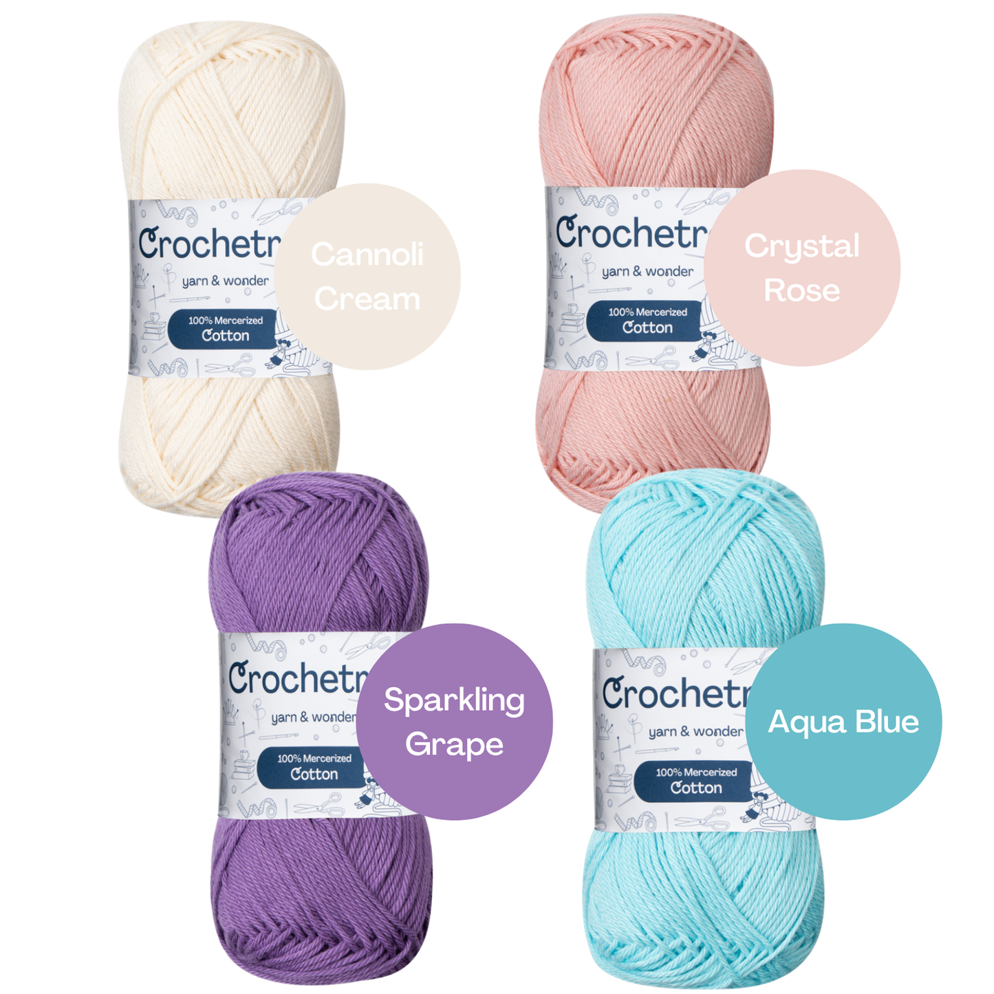 Crochetree Baby Rainbow yarn shades: 4 skeins labeled