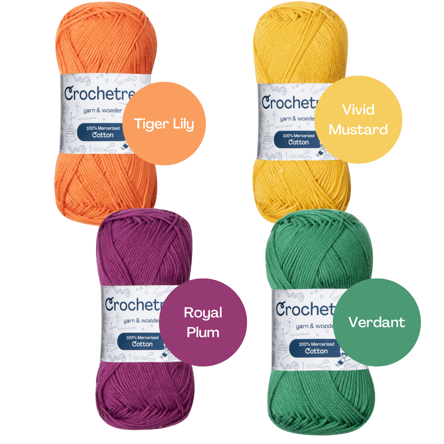 Crochetree Bright Retro yarn shades: 4 skeins labeled
