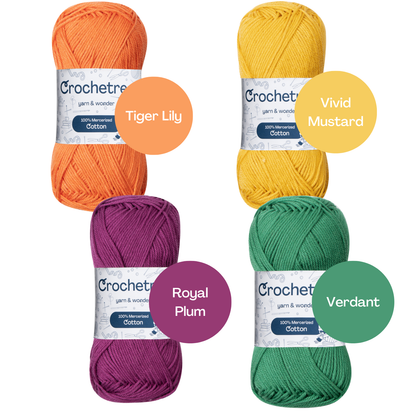 Crochetree Bright Retro yarn shades: 4 skeins labeled