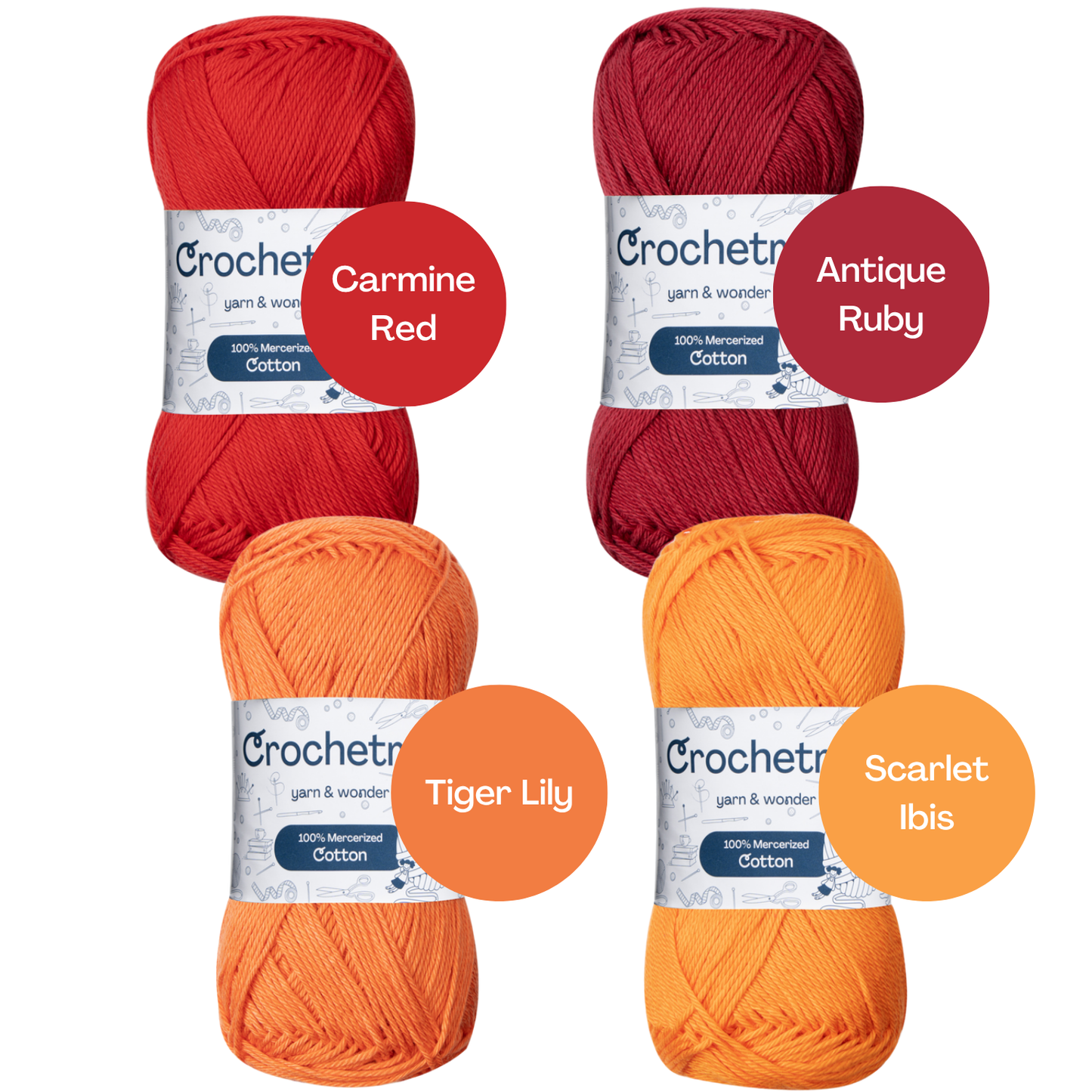 Crochetree Chilli Peppers yarn shades: 4 skeins labeled