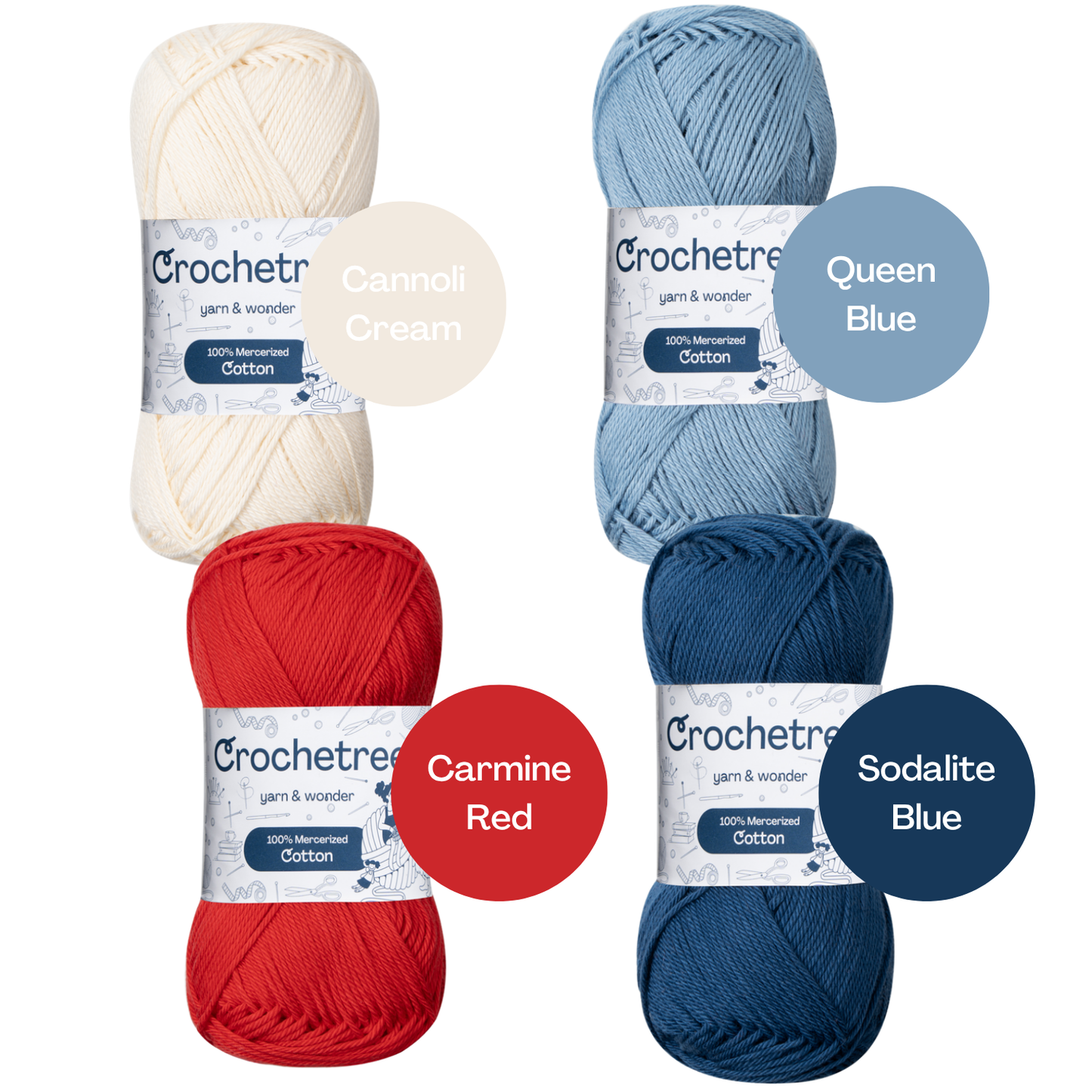 Crochetree Christmas Retro yarn shades: 4 skeins labeled