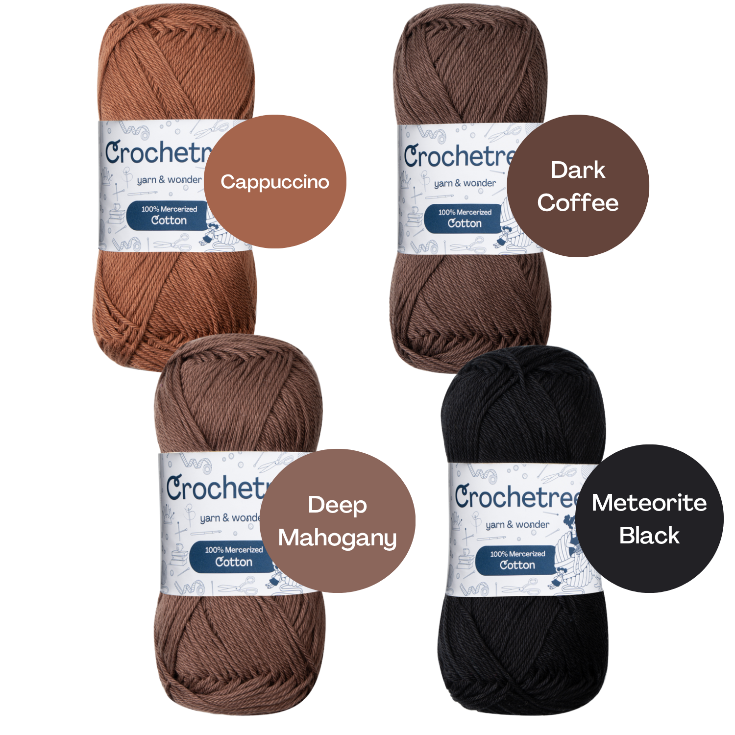 Crochetree Coffee Specials yarn shades: 4 skeins labeled
