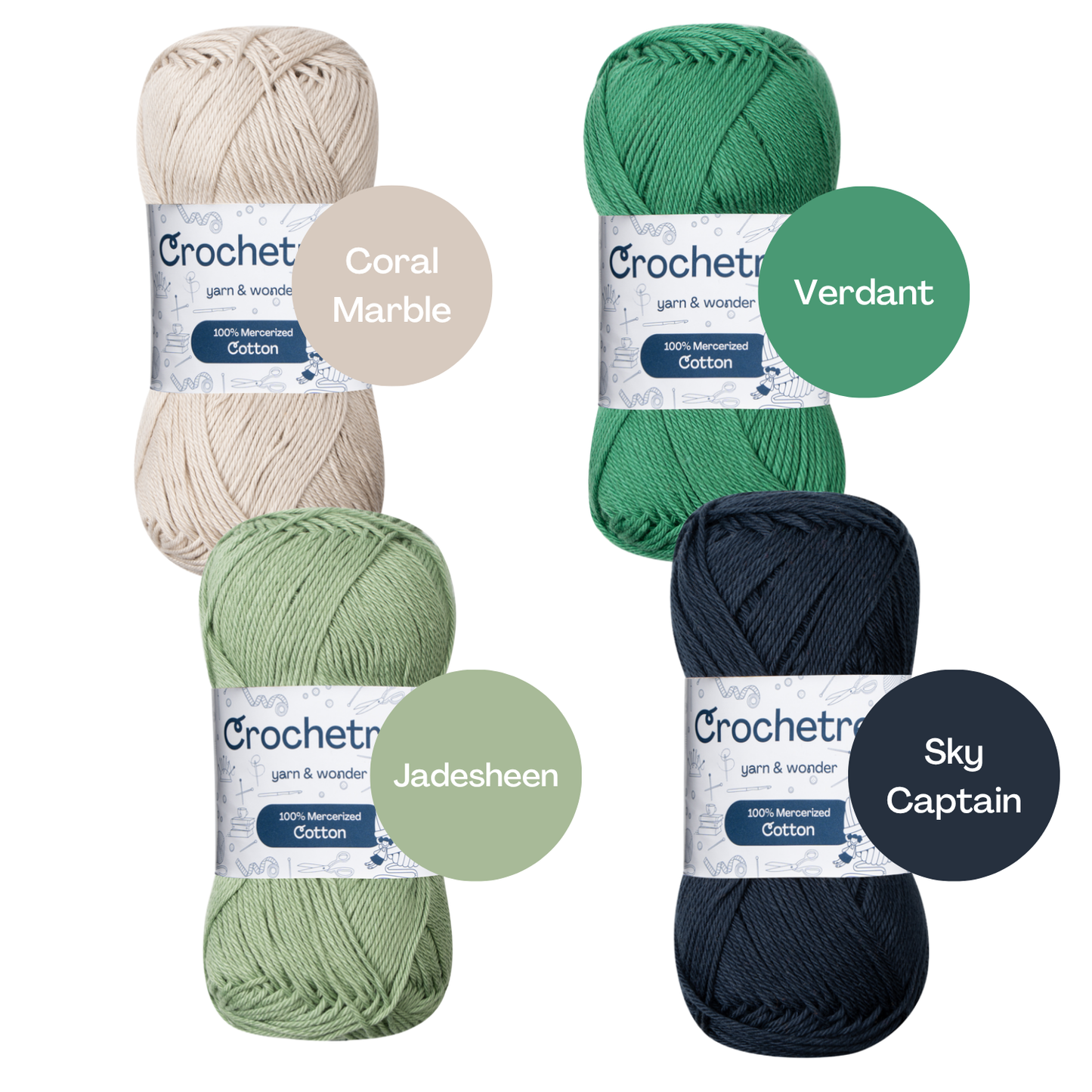 Crochetree Cold Nature yarn shades: 4 skeins labeled