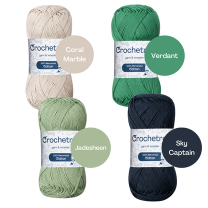 Crochetree Cold Nature yarn shades: 4 skeins labeled