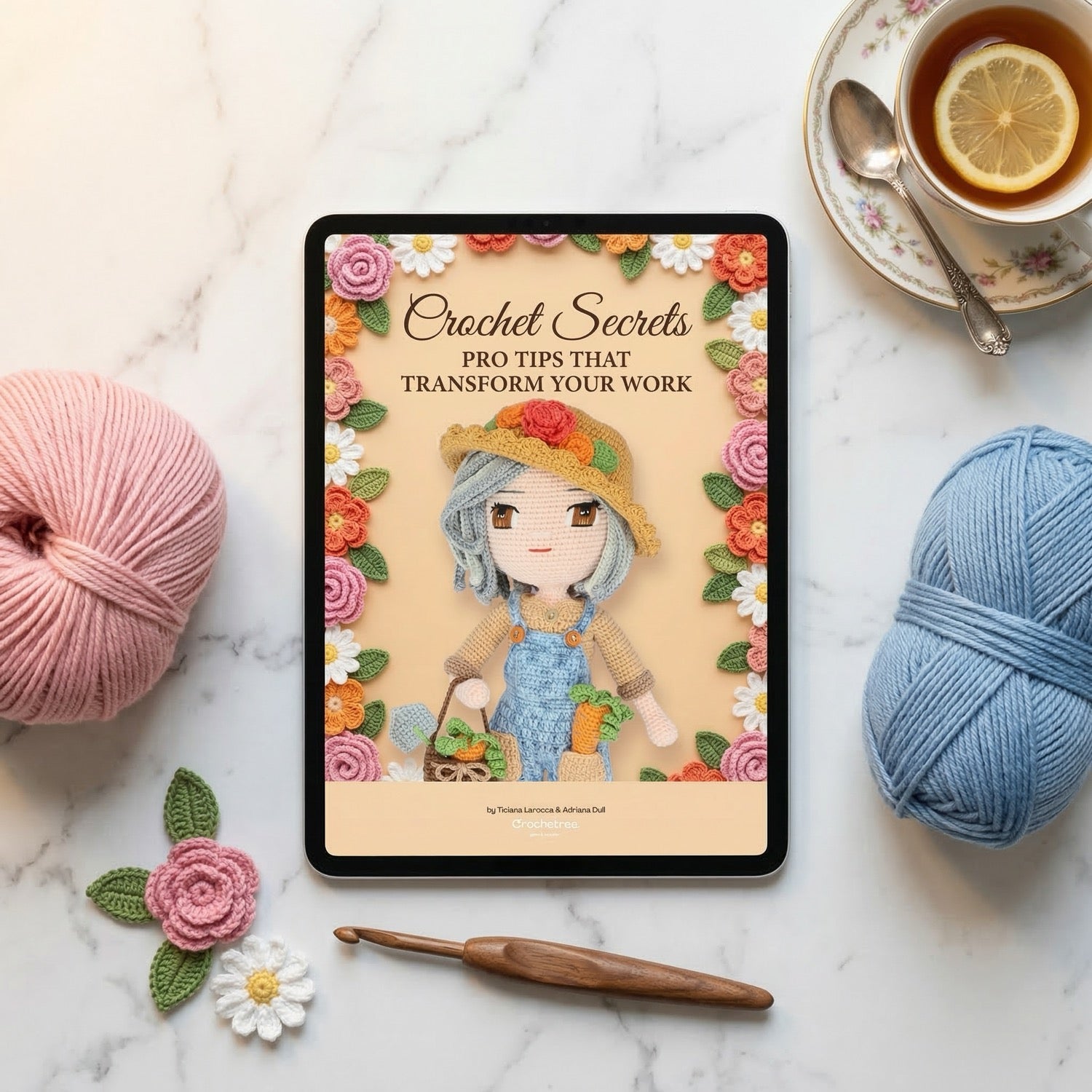 Crochet Secrets ebook on iPad with yarn