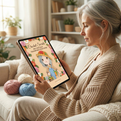 Woman reading Crochet Secrets ebook on iPad