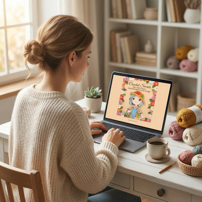 Woman reading Crochet Secrets ebook on laptop