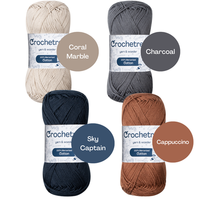 Crochetree Dark Nature yarn shades: 4 skeins labeled