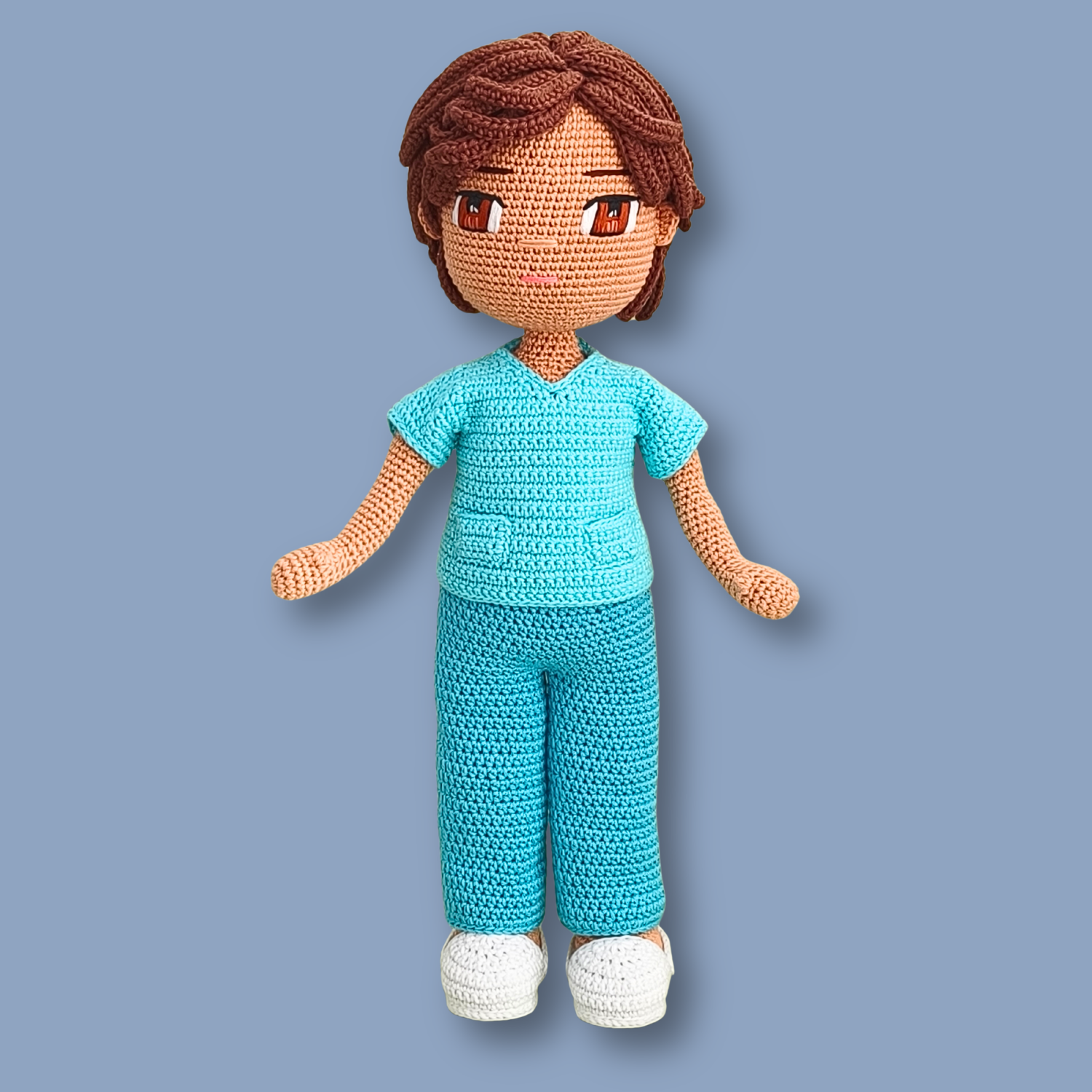 Dr. Thomas crochet doll in turquoise scrubs and white sneakers without the lab coat - doctor amigurumi doll