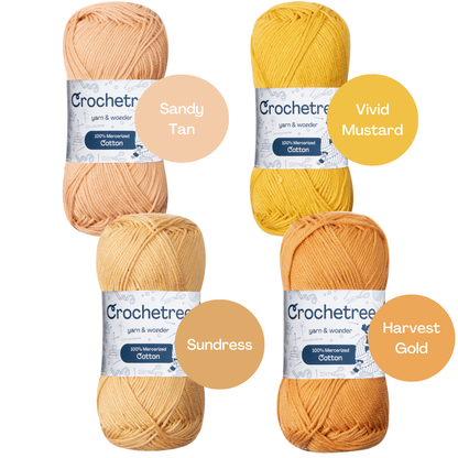 Crochetree Earth Spice yarn shades: 4 skeins labeled