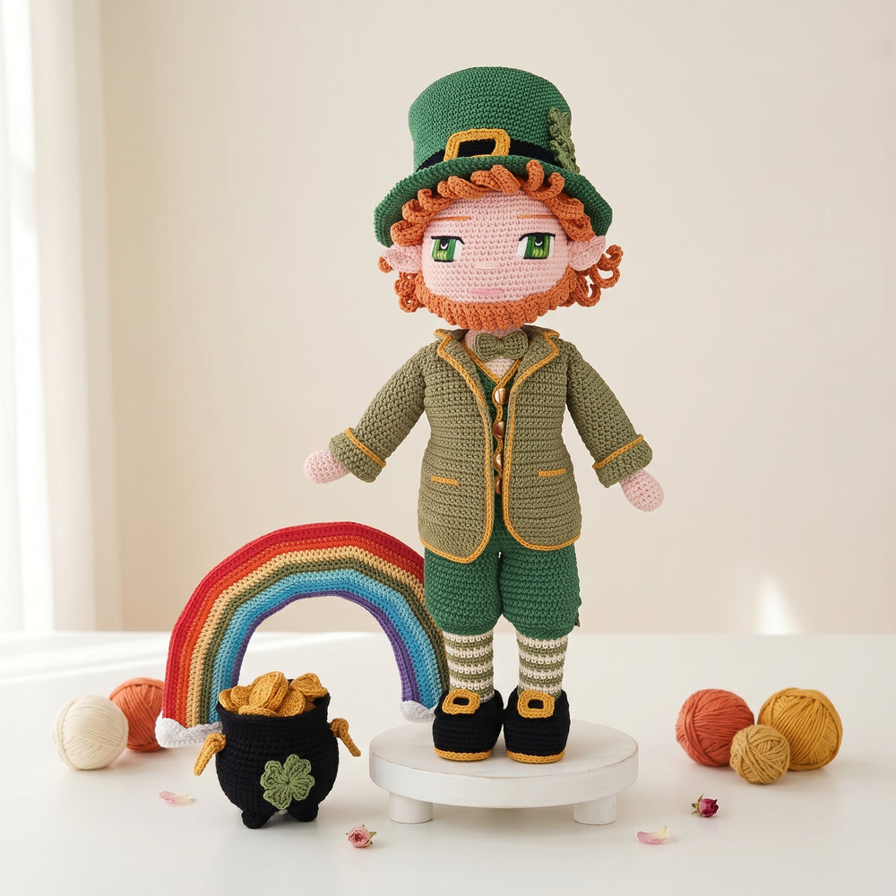 Finley O'Brien the Leprechaun crochet doll pattern with pot of gold and rainbow