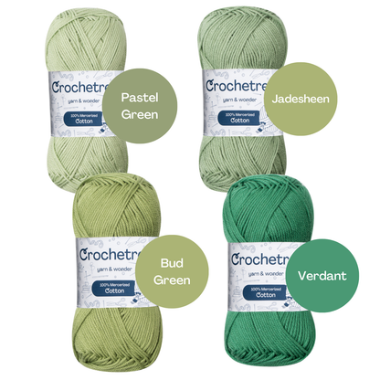 Crochetree Forest Shades yarn shades: 4 skeins labeled