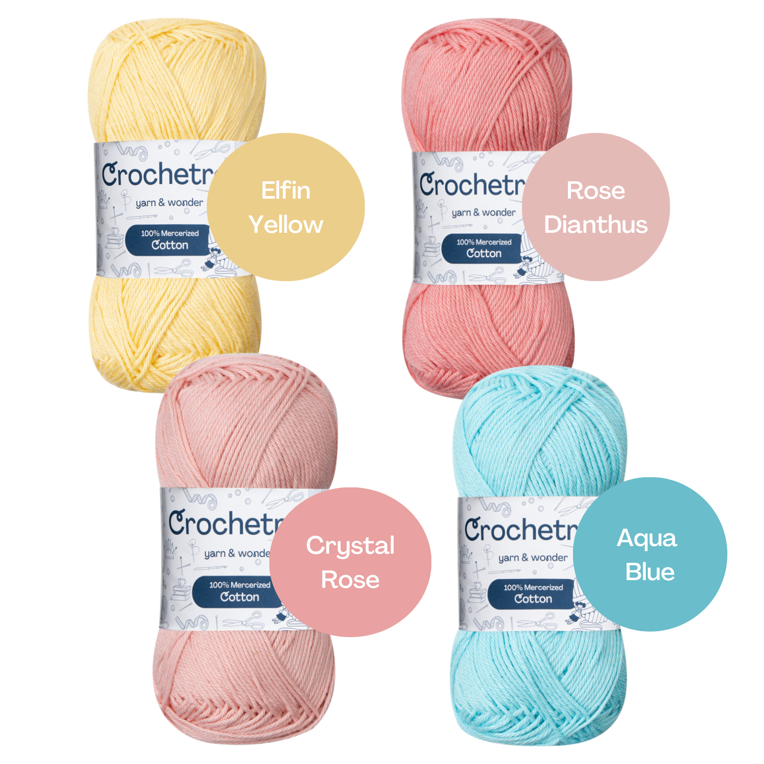 Crochetree Happy Rainbow yarn shades: 4 skeins labeled
