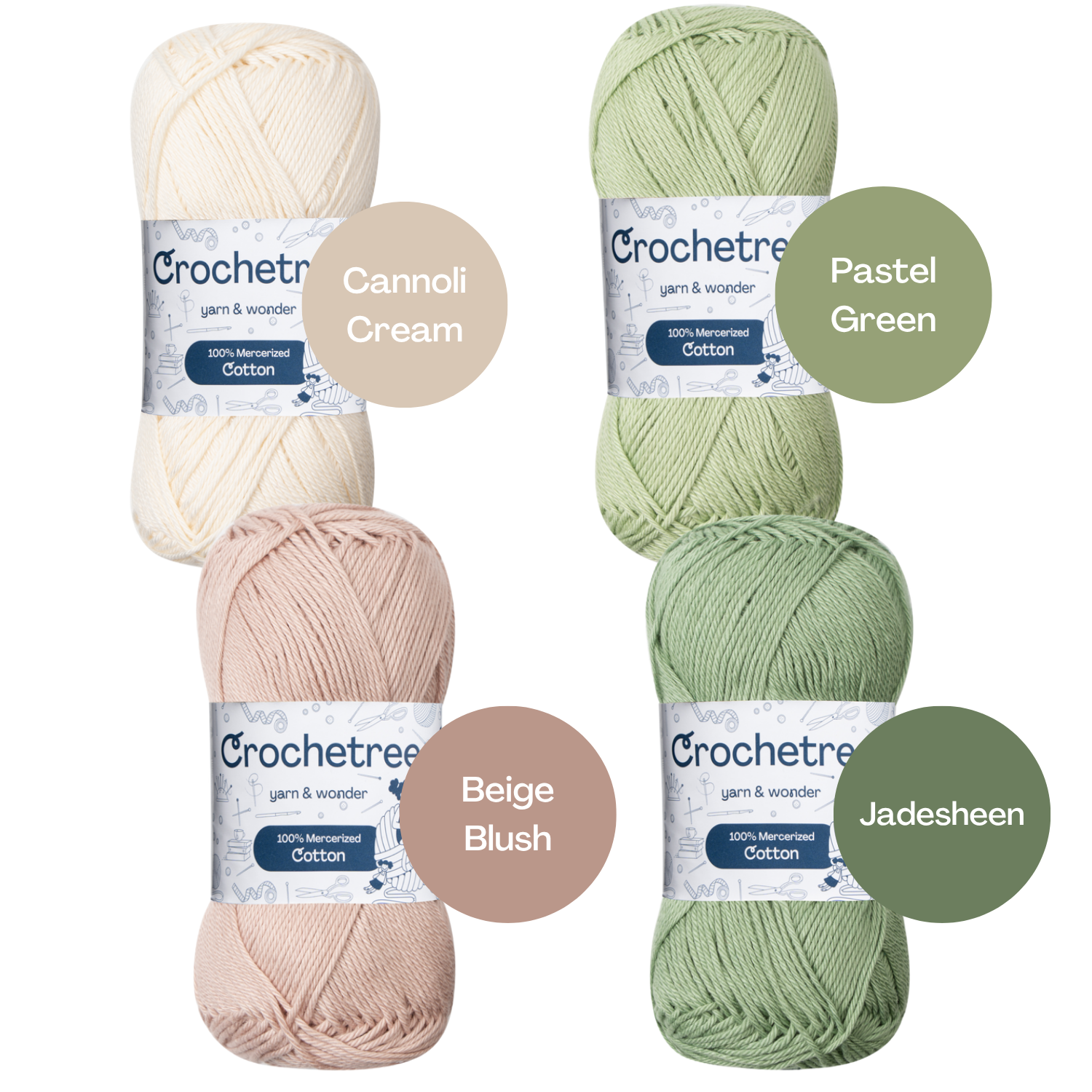 Crochetree Light Nature yarn shades: 4 skeins labeled