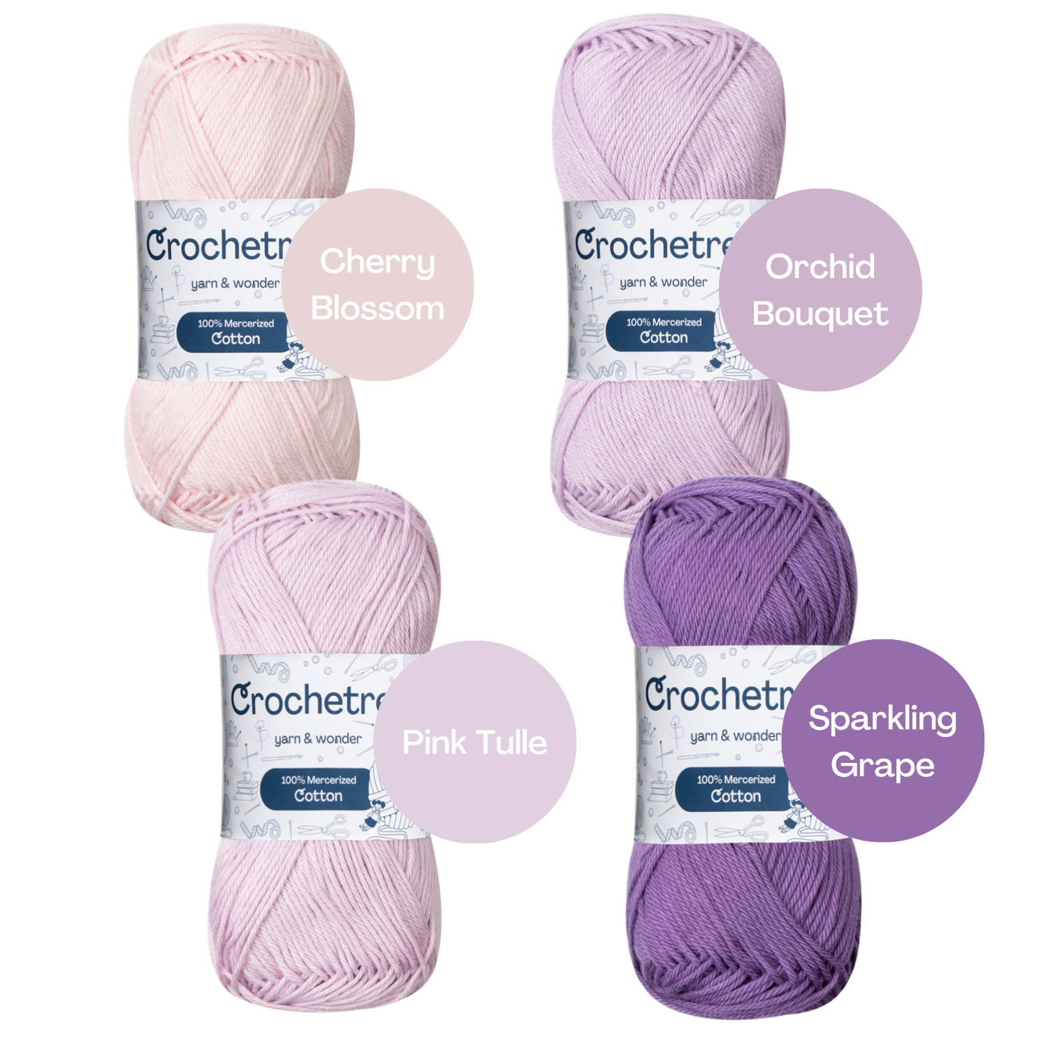 Crochetree Magic Dream yarn shades: 4 skeins labeled