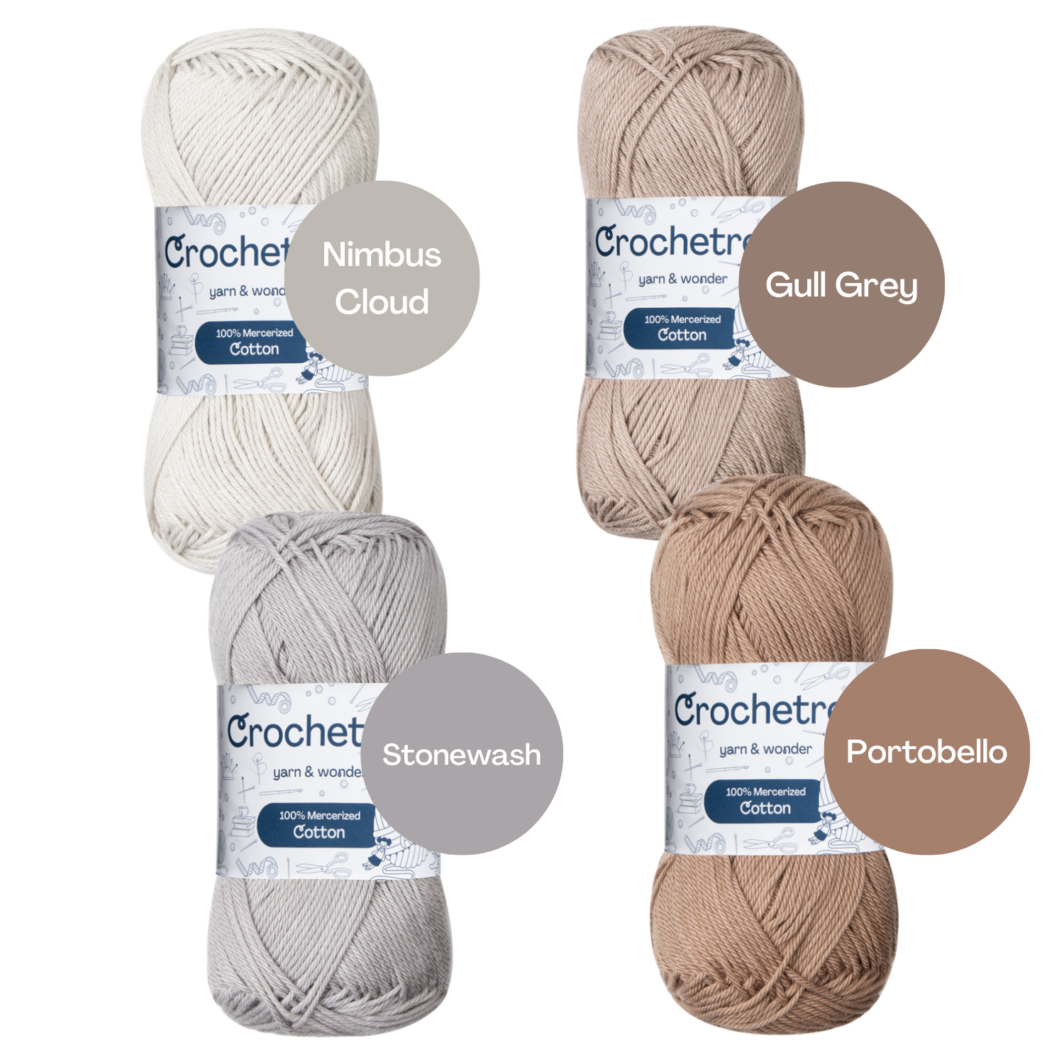 Crochetree Moon Surface yarn shades: 4 skeins labeled
