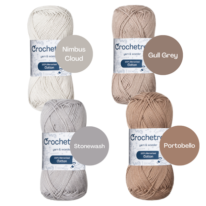 Crochetree Moon Surface yarn shades: 4 skeins labeled