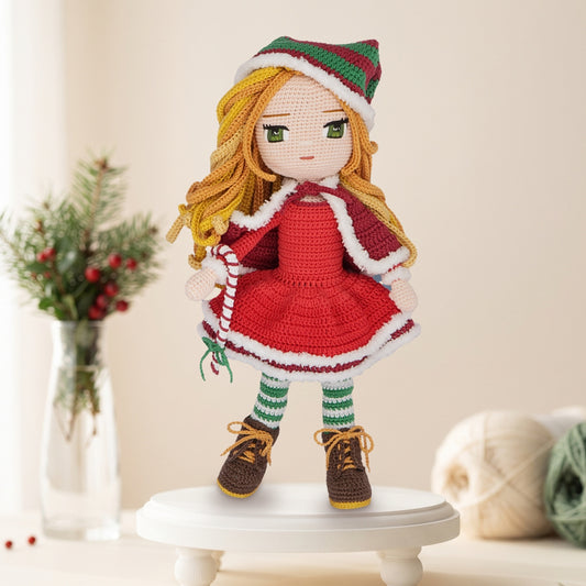 Nathalie Christmas crochet doll pattern PDF, finished doll in her red dress and cape