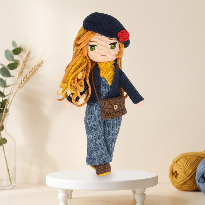 Nathalie Denim crochet doll pattern PDF - amigurumi doll in denim overalls, navy beret and cardigan