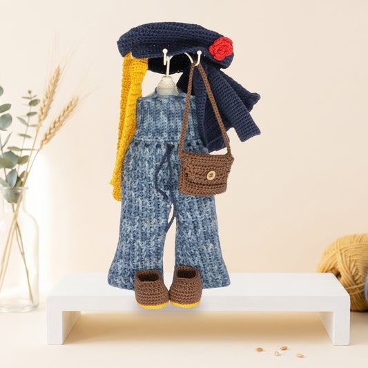 Nathalie Denim crochet outfit pattern PDF - overalls, navy cardigan, beret, scarf, bag and shoes on mini mannequin