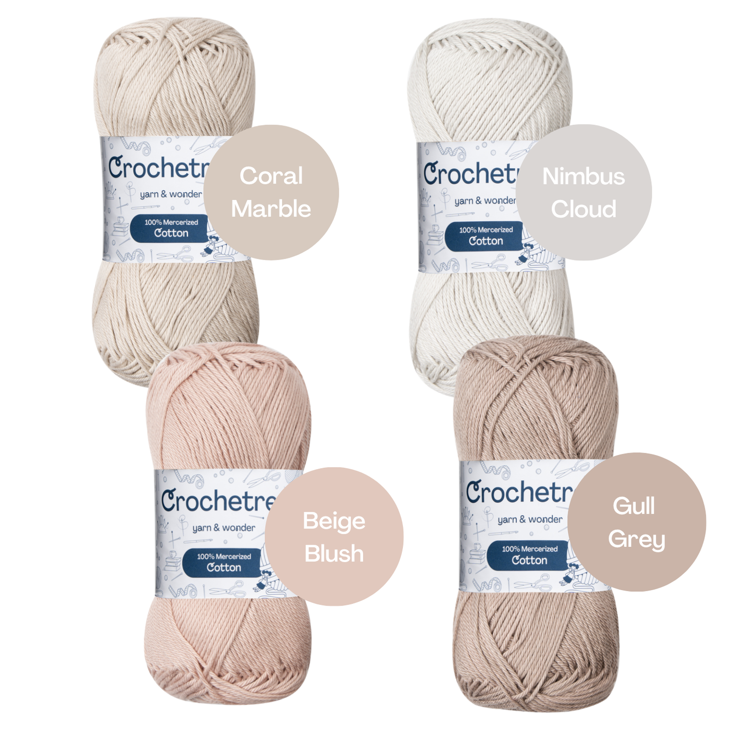 Crochetree Natural Sand yarn shades: 4 skeins labeled