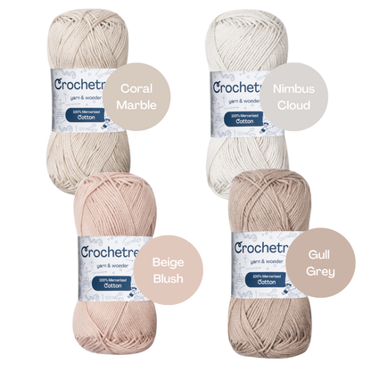 Crochetree Natural Sand yarn shades: 4 skeins labeled