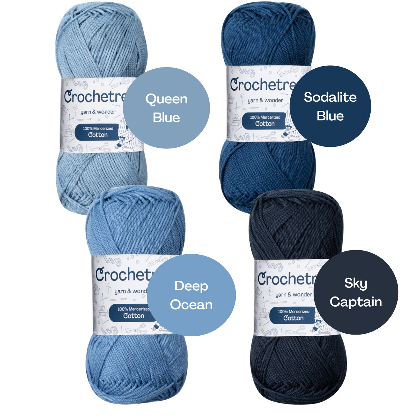Crochetree Ocean Shades yarn shades: 4 skeins labeled