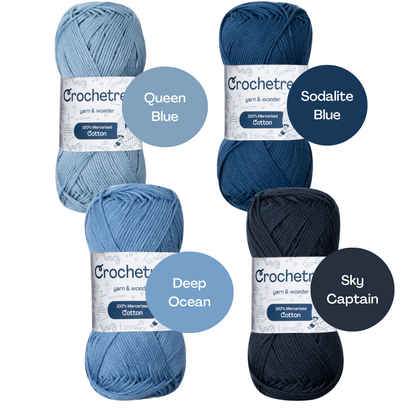 Crochetree Ocean Shades yarn shades: 4 skeins labeled