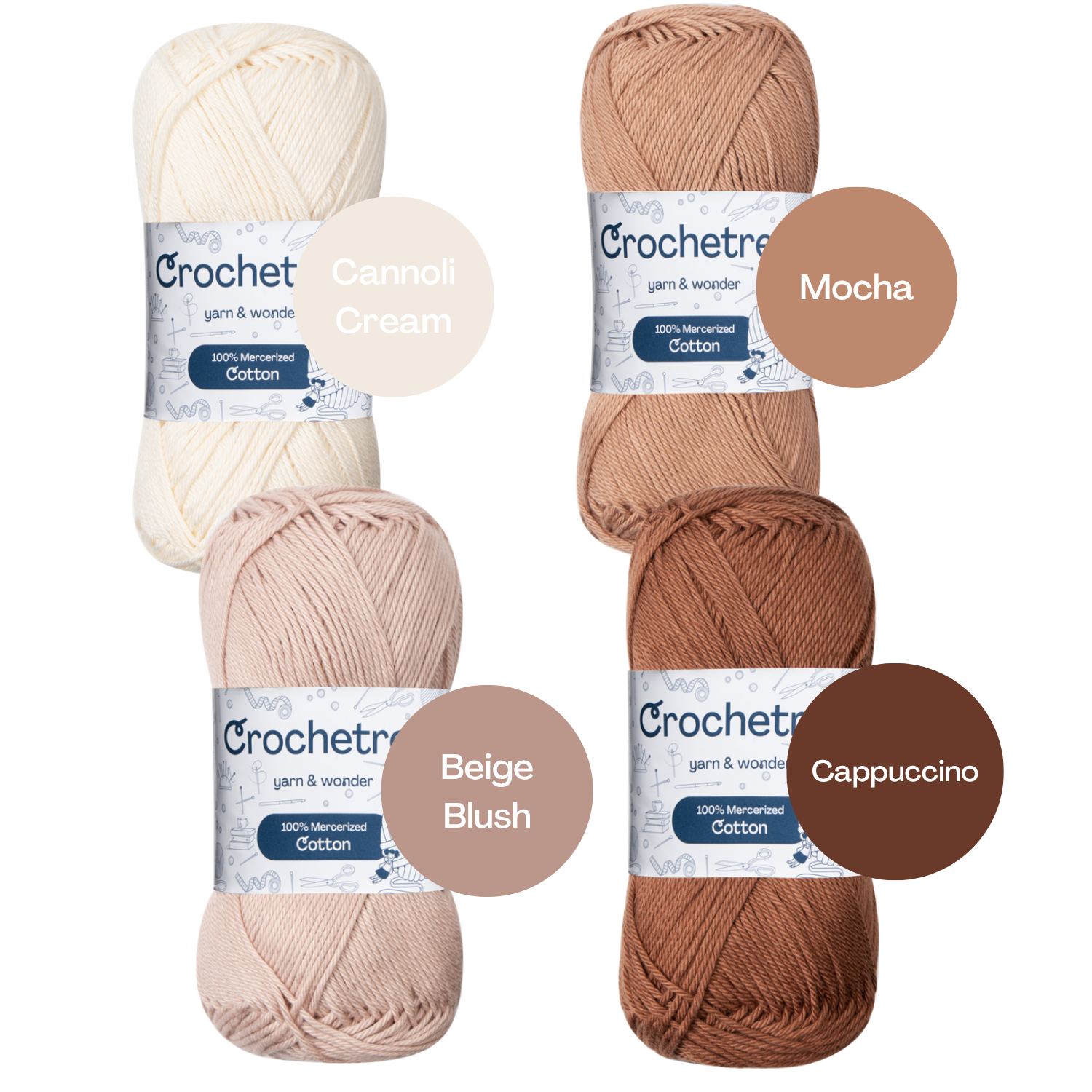Crochetree Pastel Earth yarn shades: 4 skeins labeled