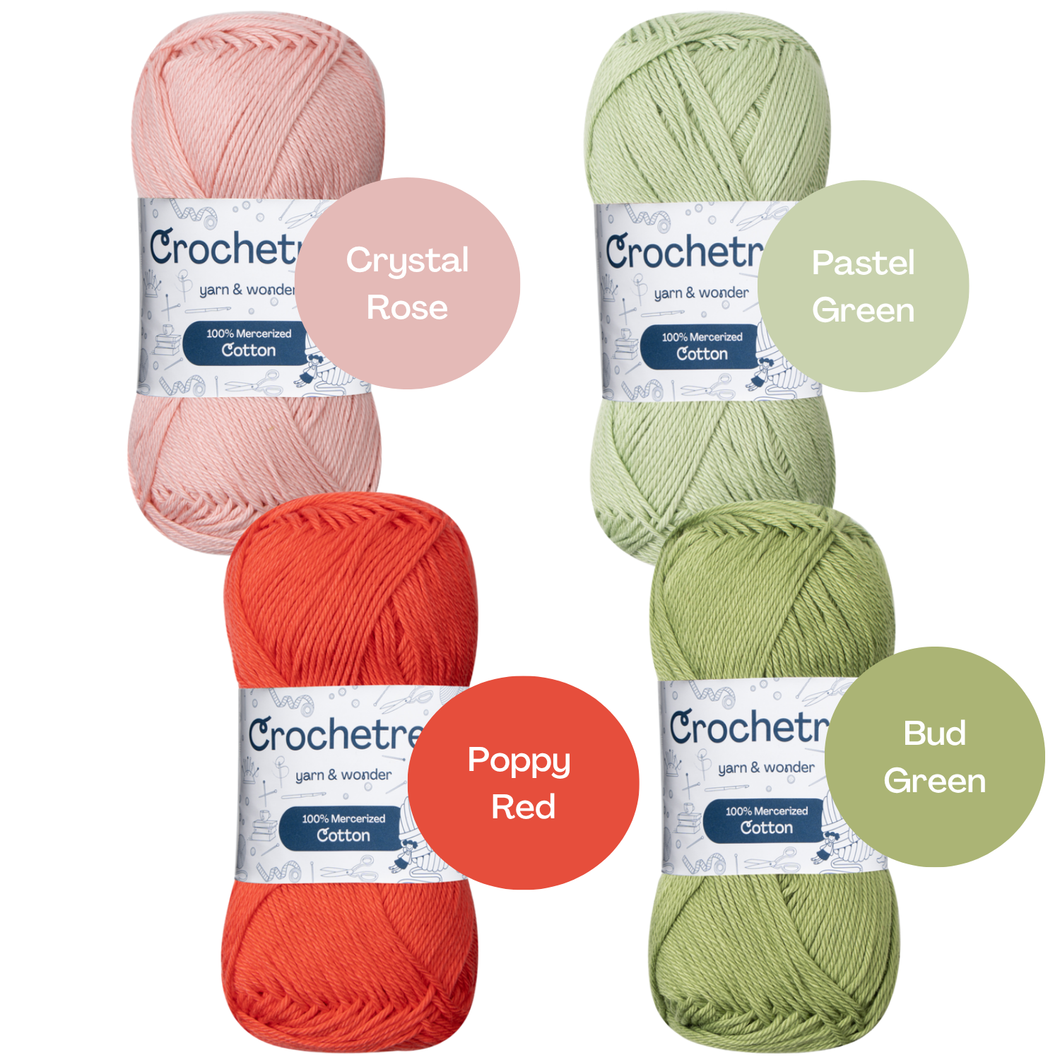 Crochetree Pastel Spring yarn shades: 4 skeins labeled