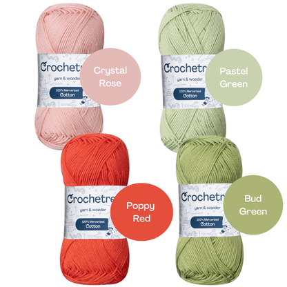 Crochetree Pastel Spring yarn shades: 4 skeins labeled